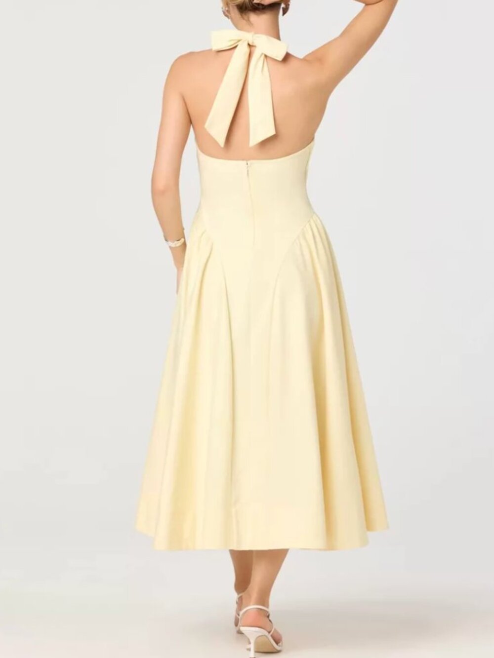 NWT ASTR The Label Meana Midi Dress XS/S/M Lemon Halter Plunge Drop-Waist - Picture 3 of 5